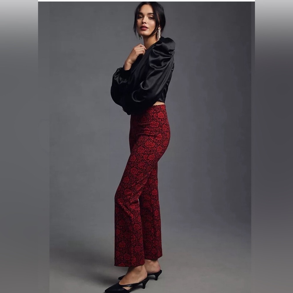 Anthropologie Maeve The Margot Kick-Flare Cropped Pants Red Floral Motif Medium - Picture 5 of 8